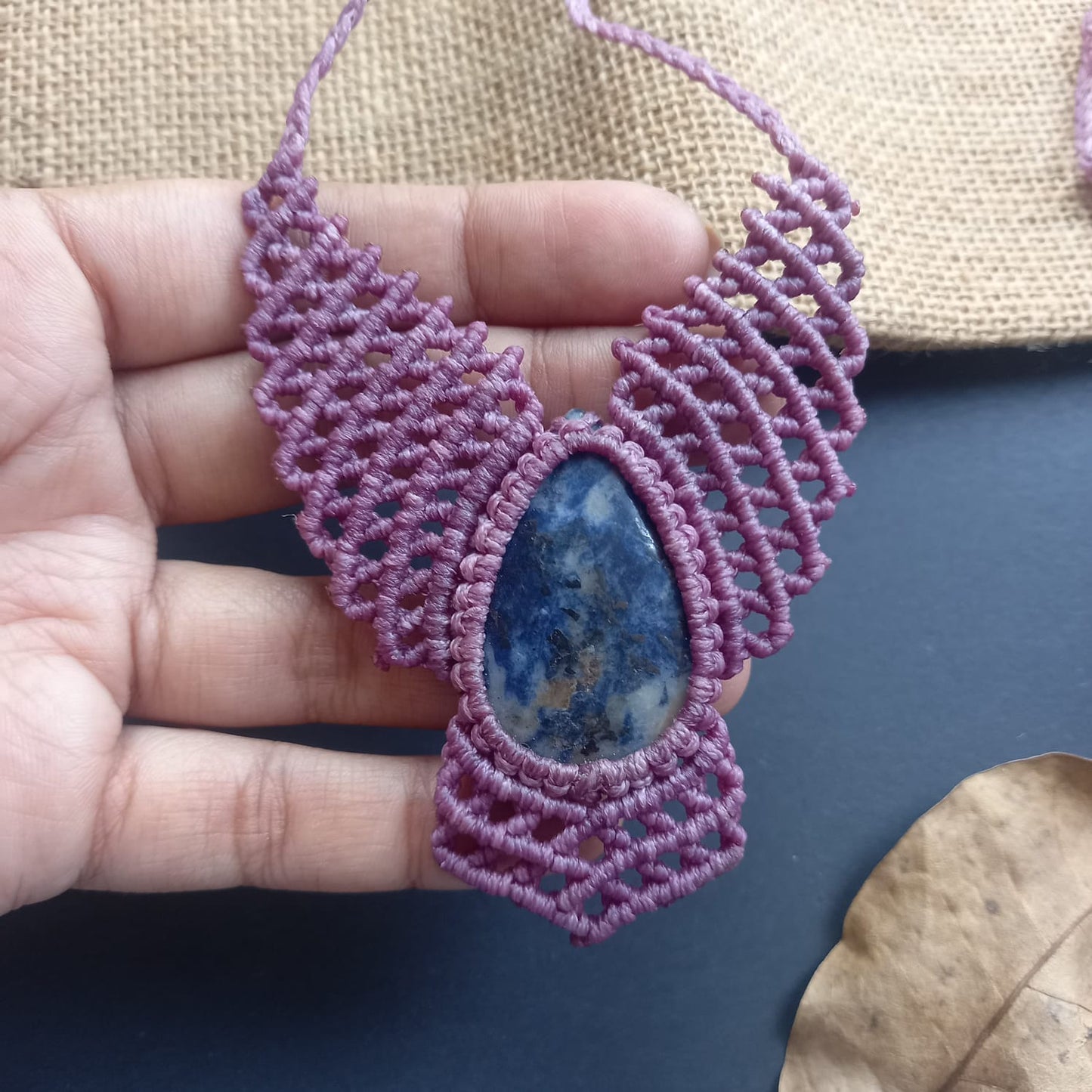 lapis stone necklace purple necklace macrame necklace bird necklace wing necklace