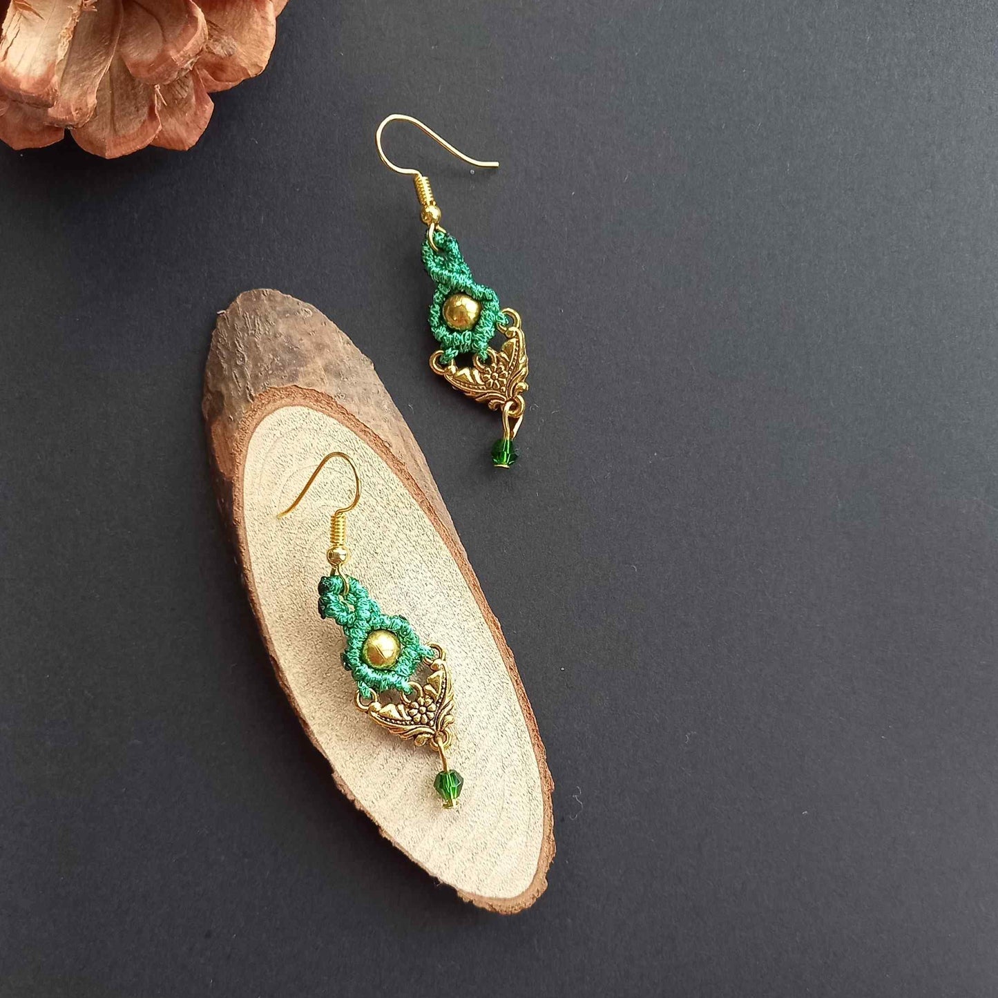 small macrame dangler earrings with dual leaf charm and crystal bead drop