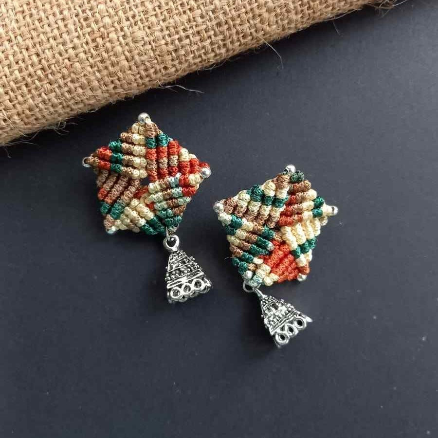 bead macrame pentagon shaped stud earrings with triangle jhumkis