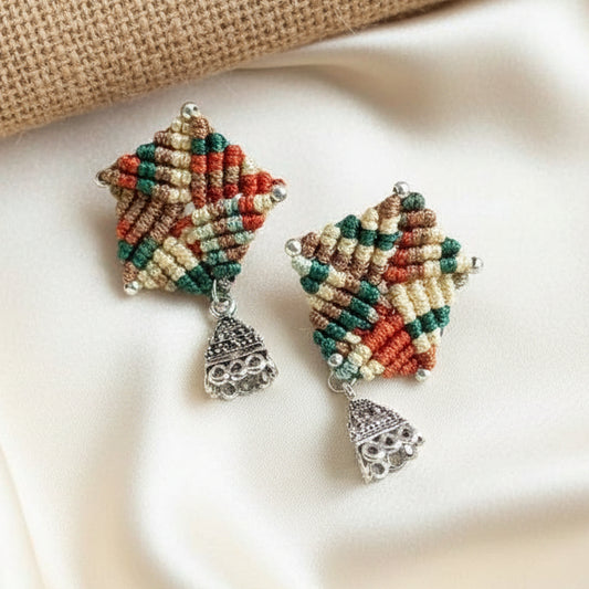 bead macrame pentagon shaped stud earrings with triangle jhumkis