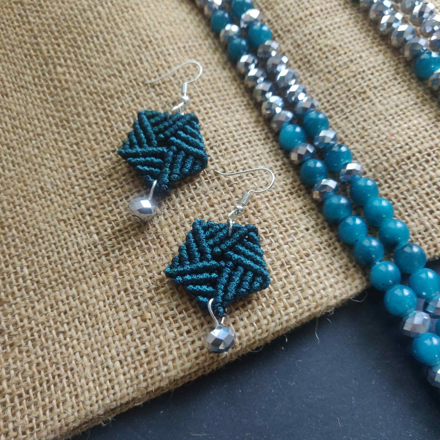 long bead necklace silver necklace set geometric pattern pendant necklace set teal jewellery square necklace