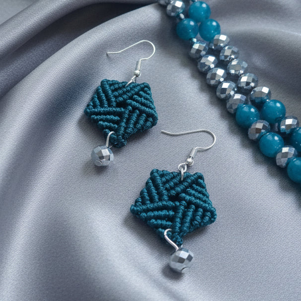 long bead necklace silver necklace set geometric pattern pendant necklace set teal jewellery square necklace