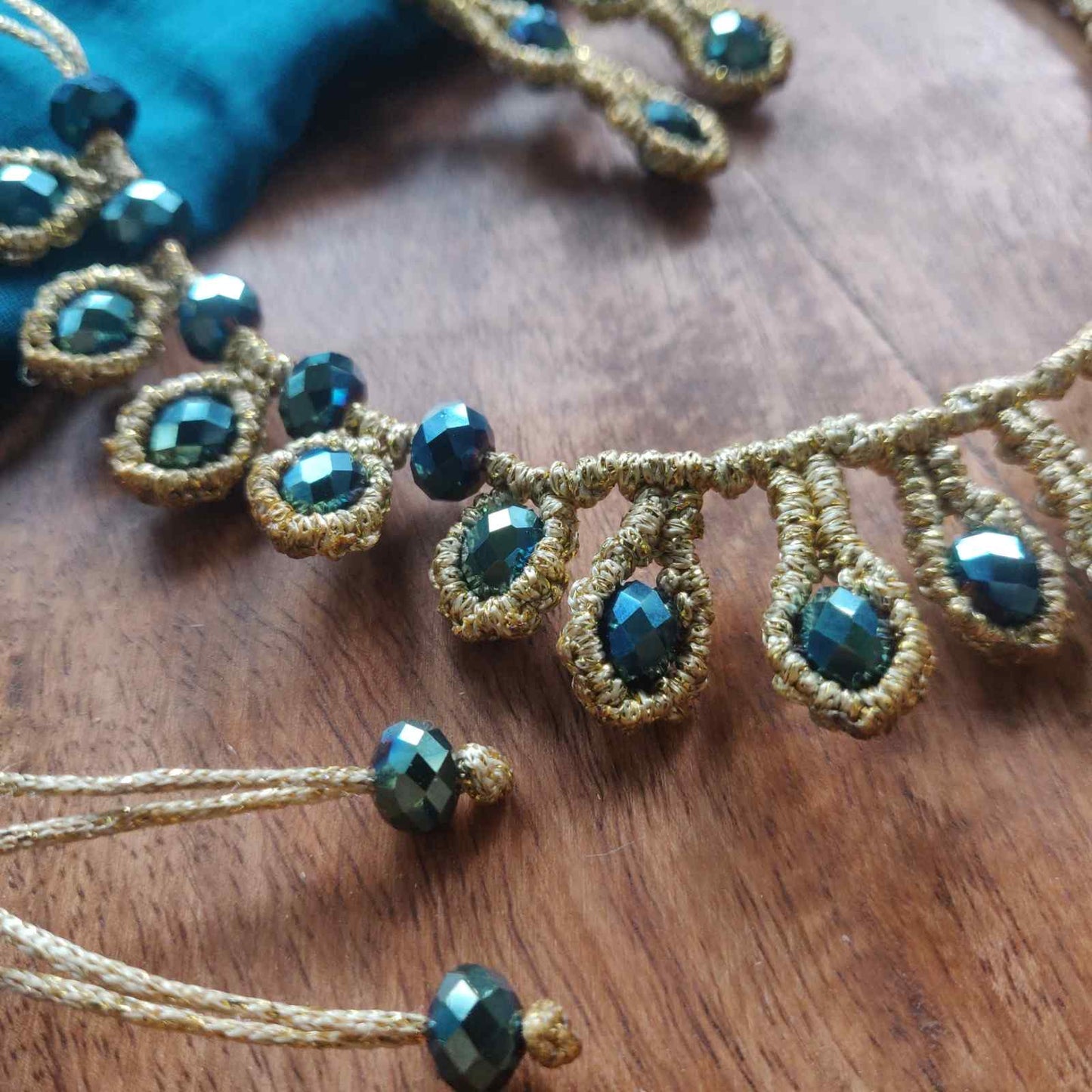 macrame necklace gold necklace bead necklace peacock blue necklace party necklace