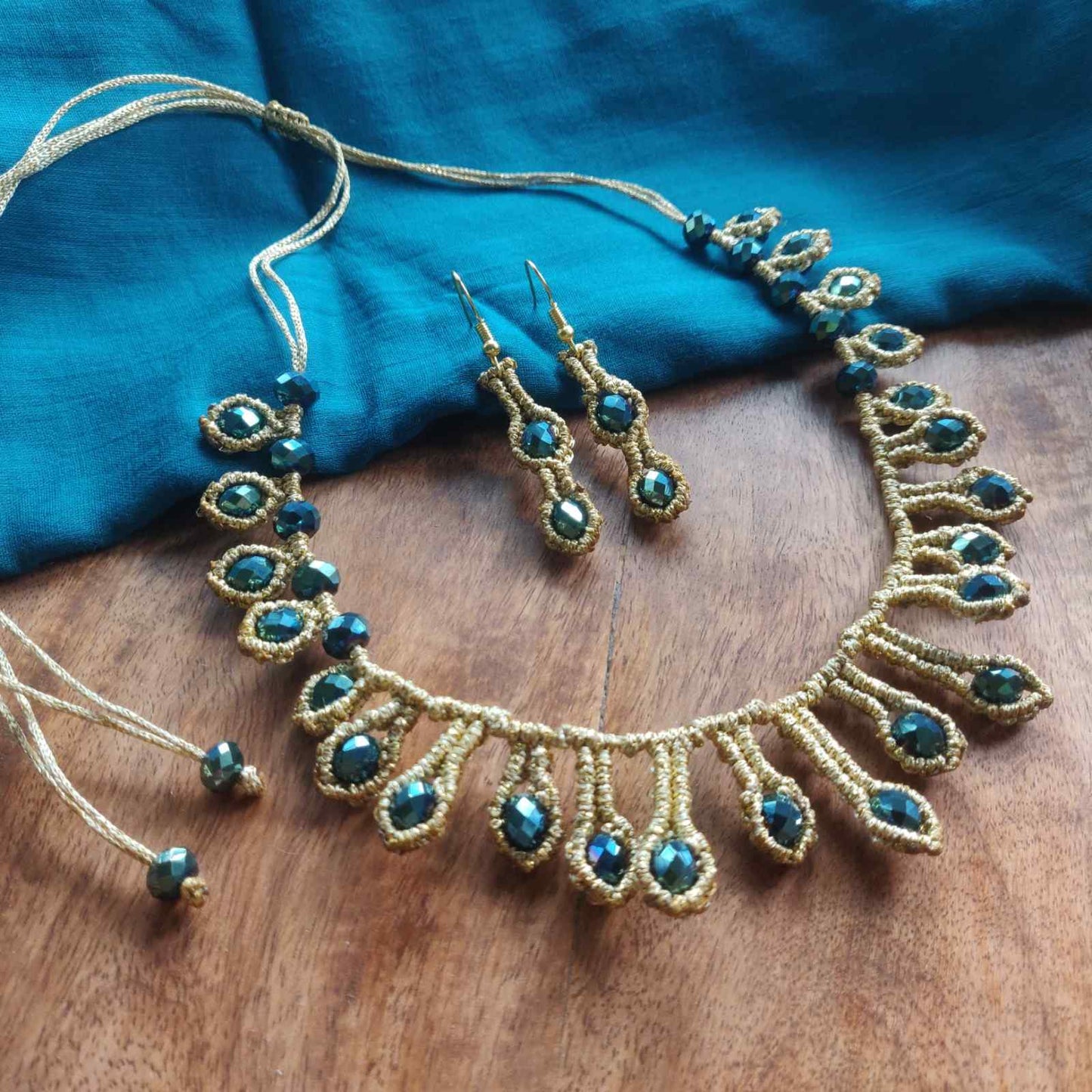 macrame necklace gold necklace bead necklace peacock blue necklace party necklace