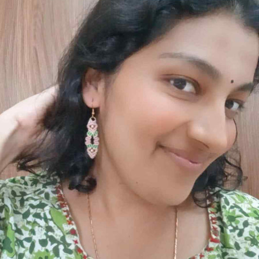 bead earrings macrame earrings zigzag design earrings pink earrings