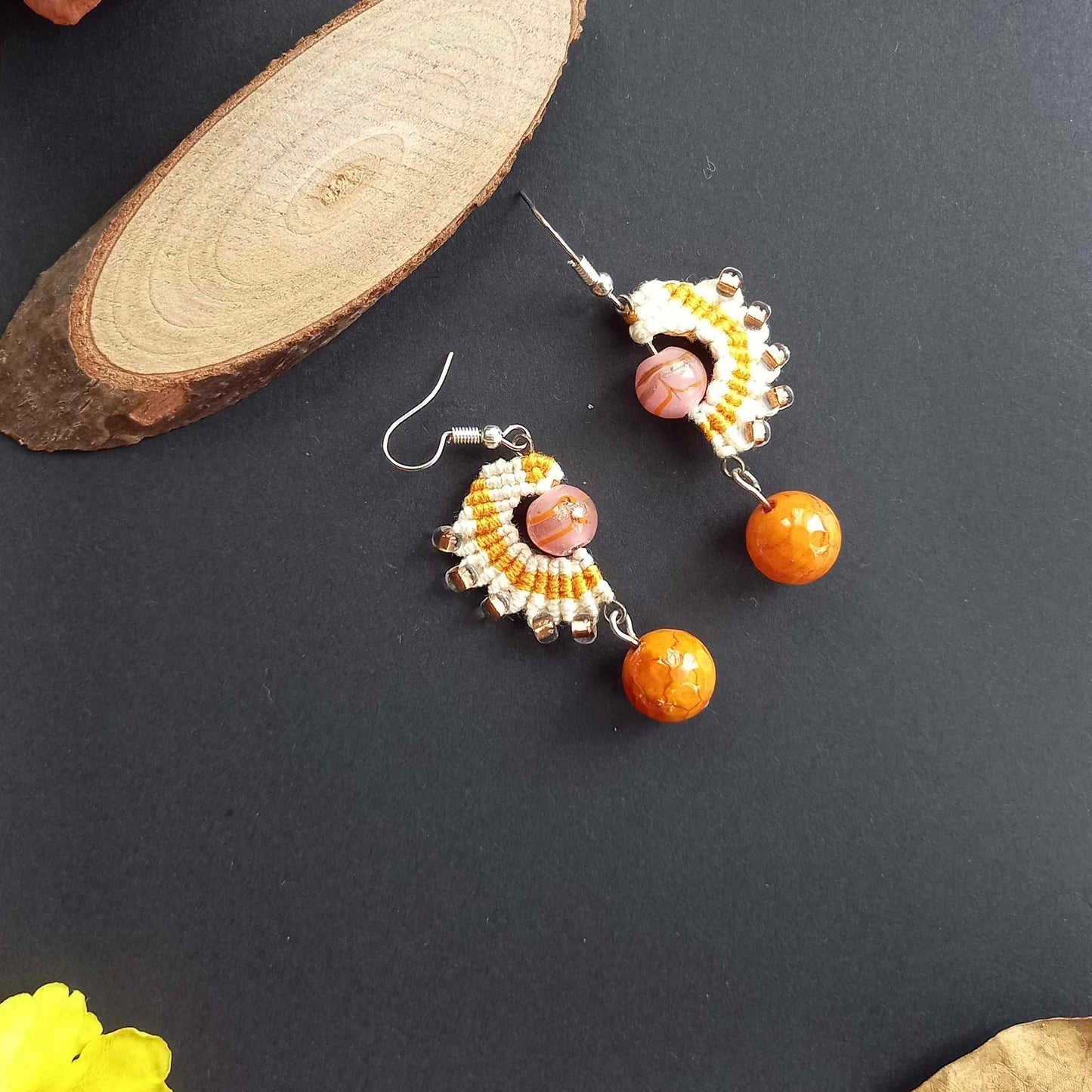 micromacrame bead earrings in cream and orange
