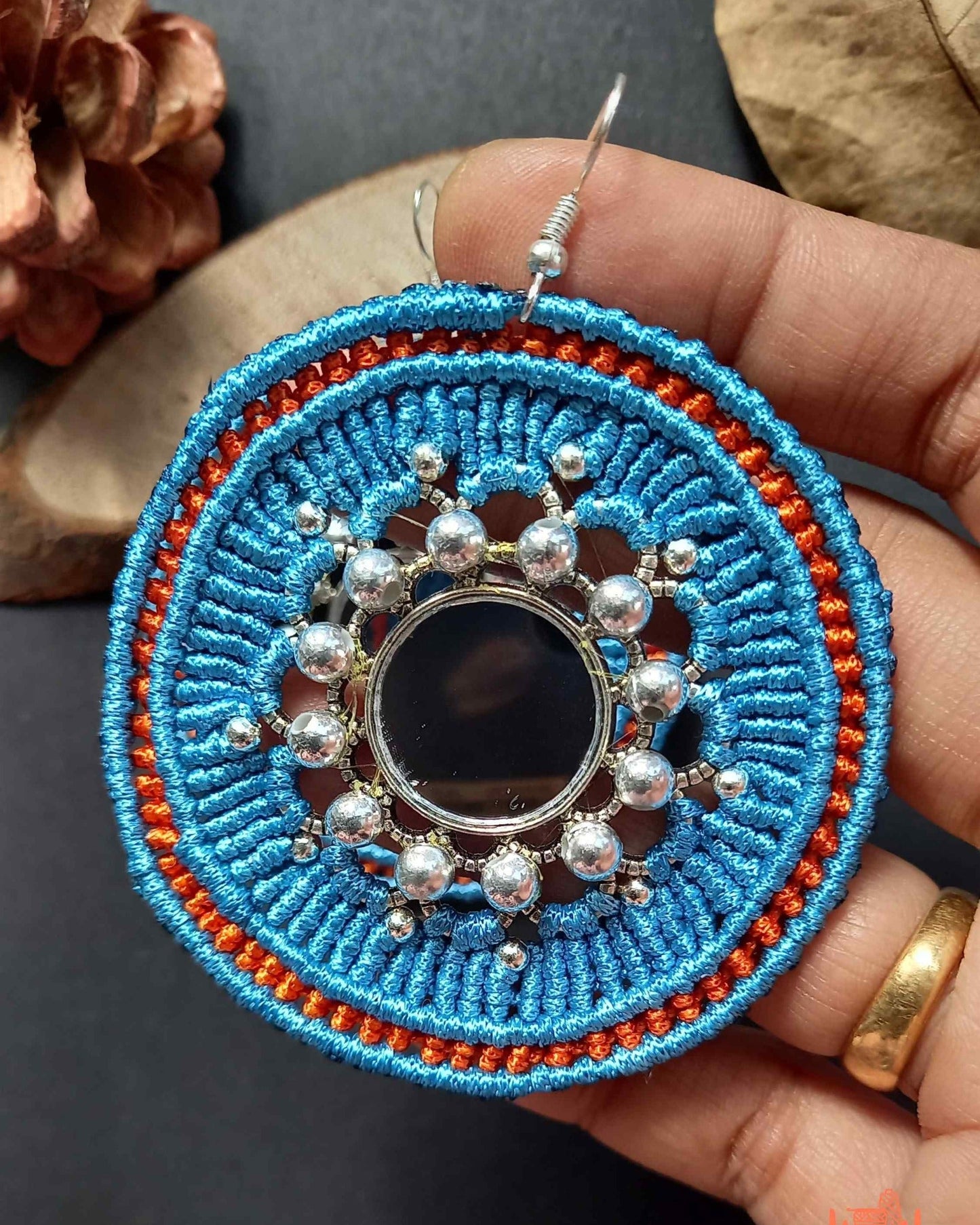 macrame silver mirror earrings in blue and saffron orange