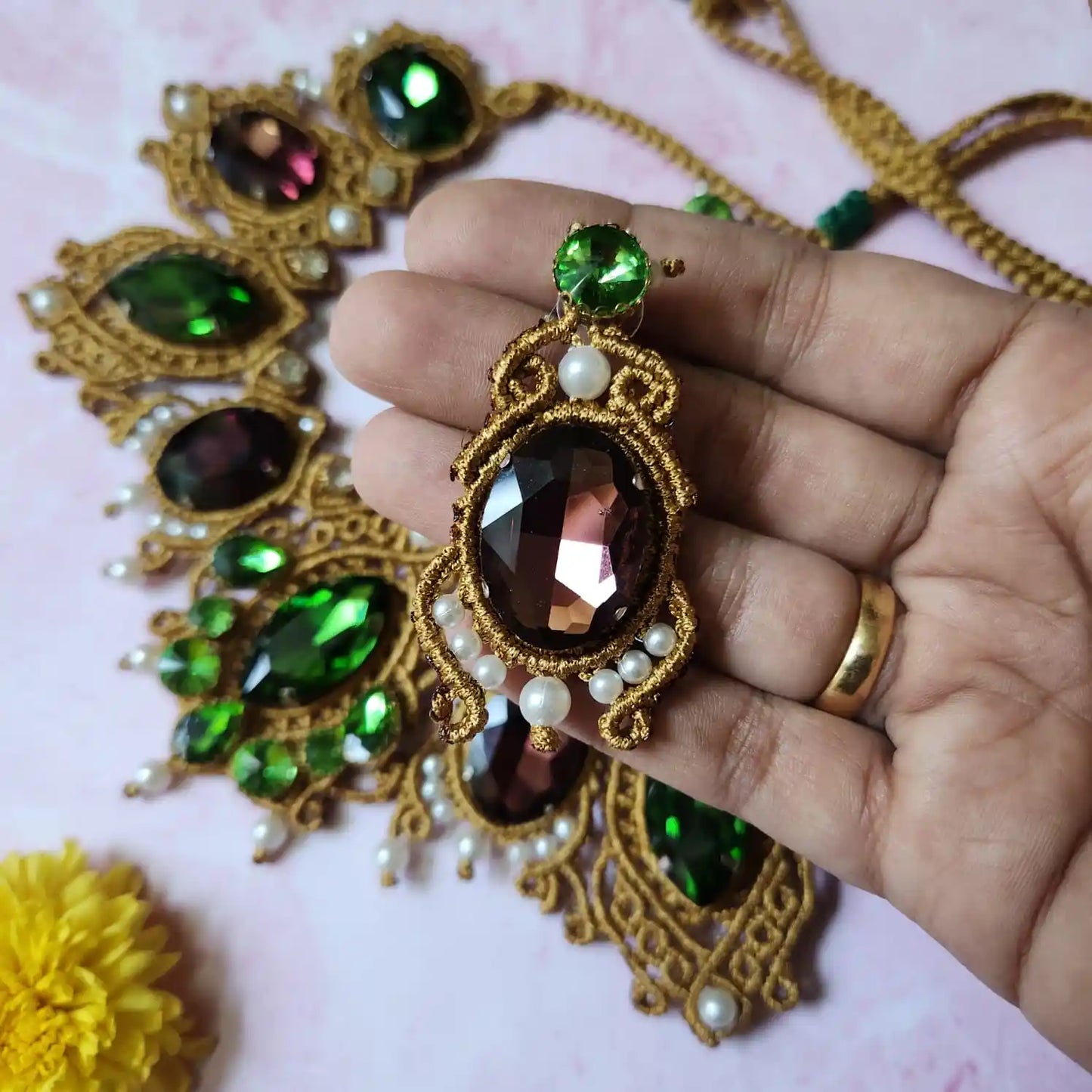 bridal jewellery set gold necklace vintage party wear necklace set green stone wine colour jewellery set stud earrings grand