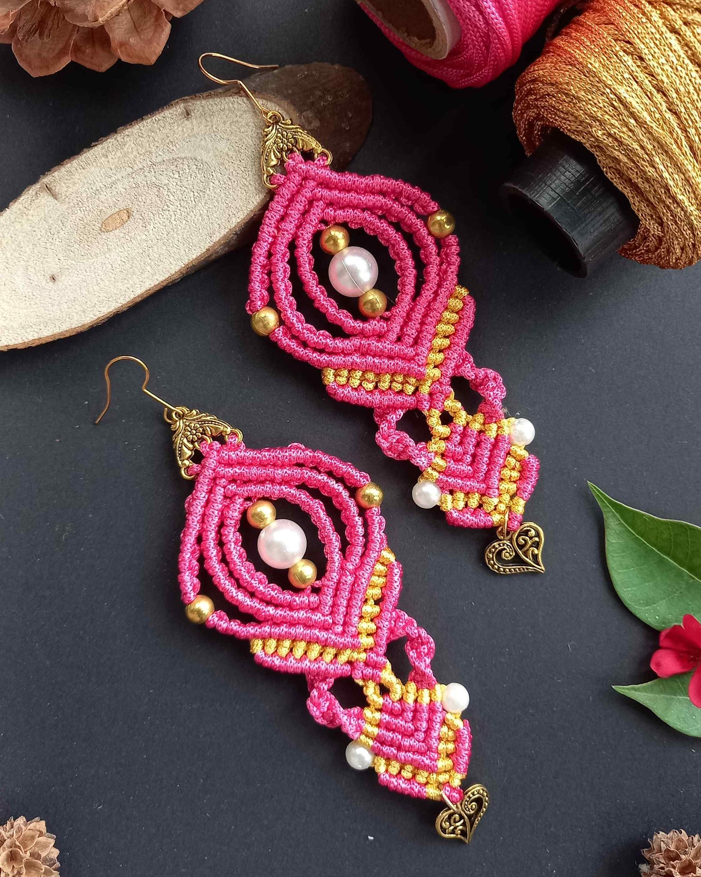 macrame bead dangler earrings with heart charm and beads