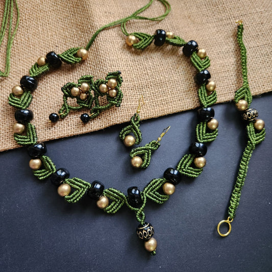 macrame necklace green necklace gold bead necklace black bead necklace stud earrings dangler bead bracelet necklace set