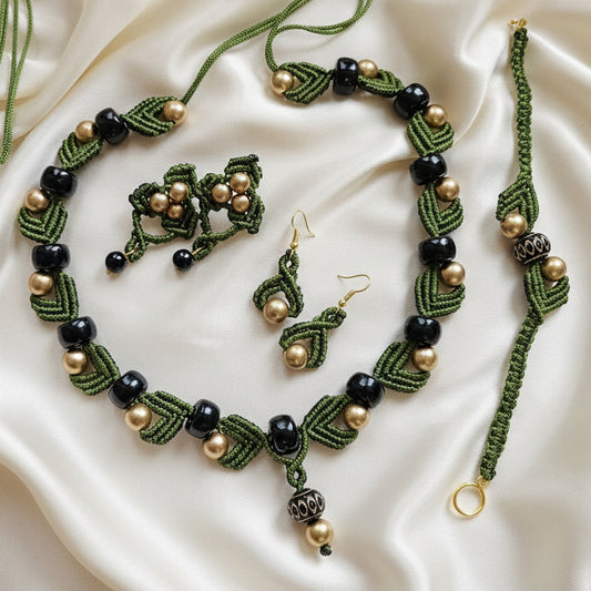 macrame necklace green necklace gold bead necklace black bead necklace stud earrings dangler bead bracelet necklace set