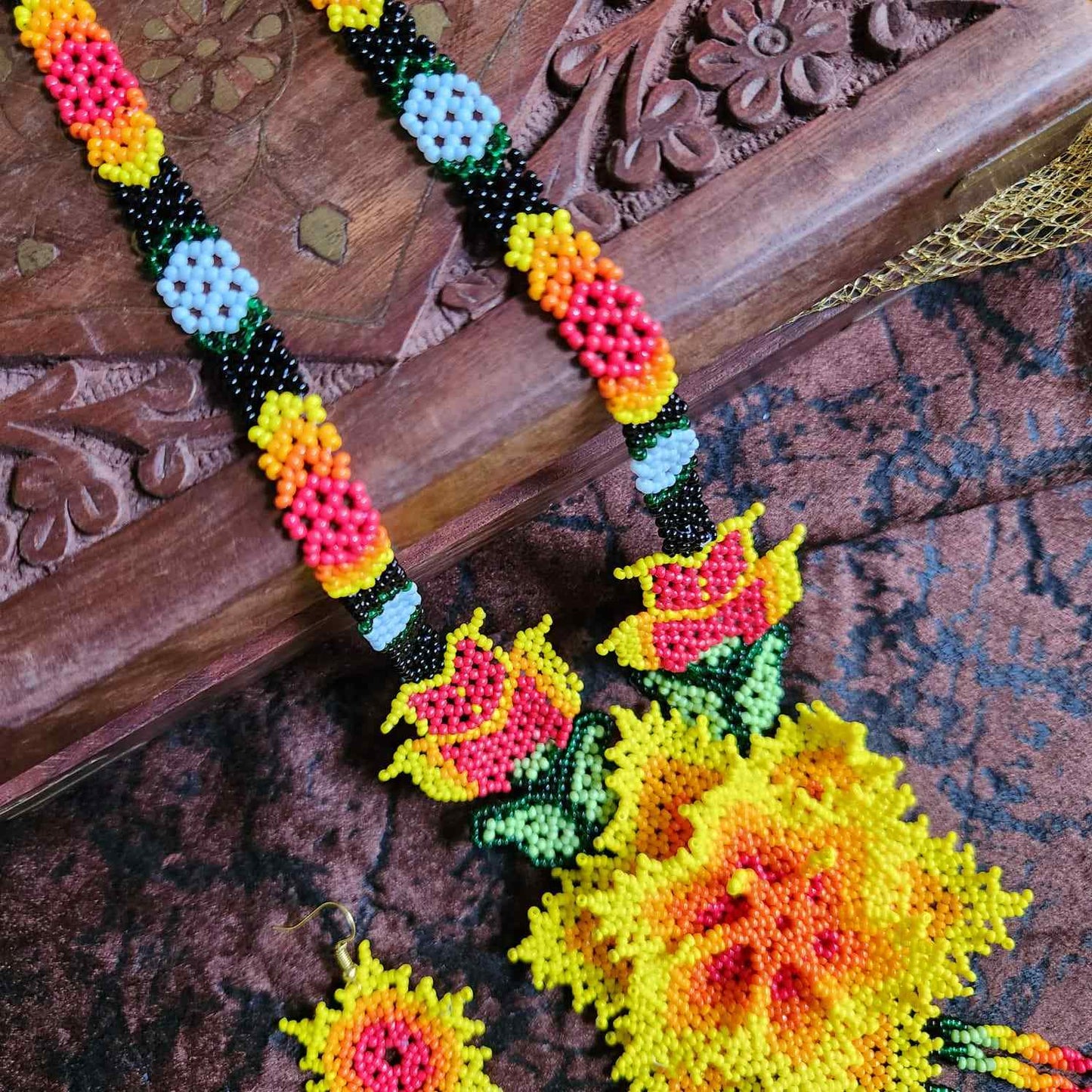 bead necklace flower necklace 3D necklace layer haldi necklace set flower earrings yellow orange necklace