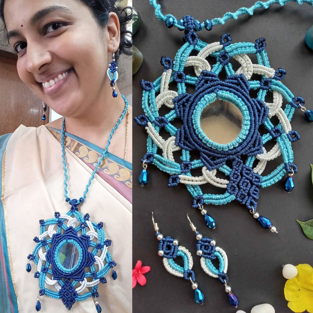 Macrame Mirror Work Mandala Necklace and Earrings Set in Blue and White