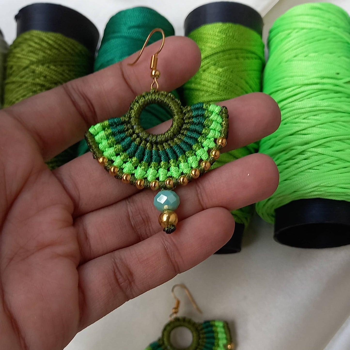 semi-circle macramé bead dangler earrings in different colours