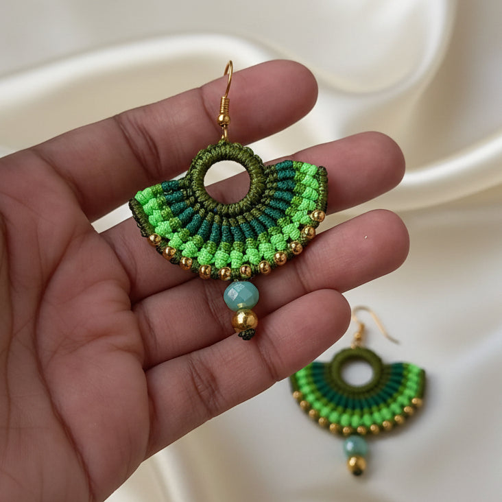 semi-circle macramé bead dangler earrings in different colours