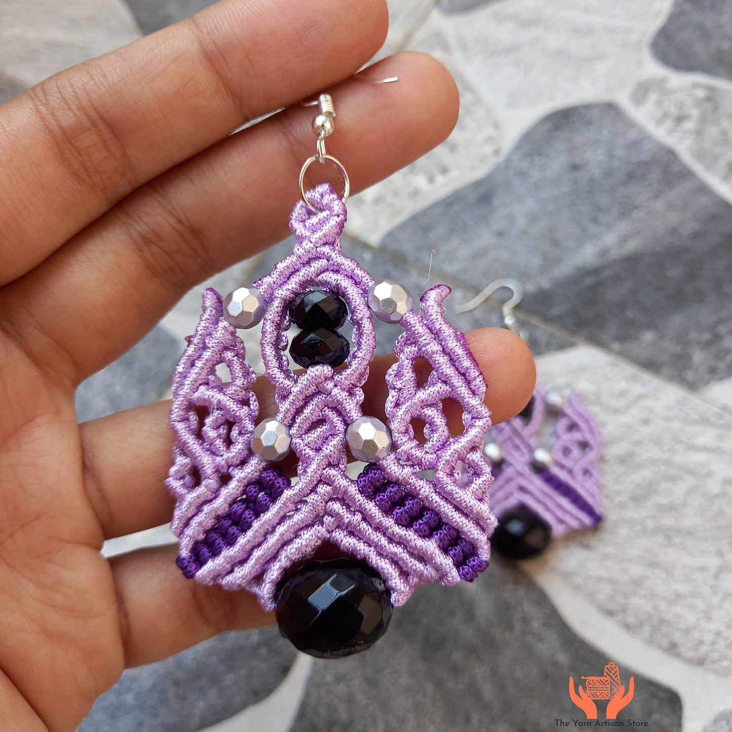 Macramé dangle earrings with black faceted focal beads