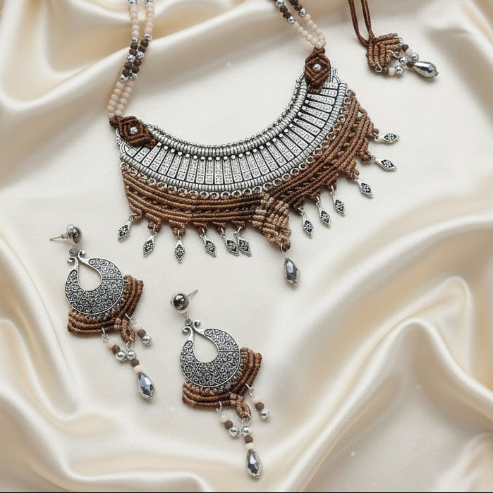 Macrame metal fusion necklace and chandbali dangler stud earrings set