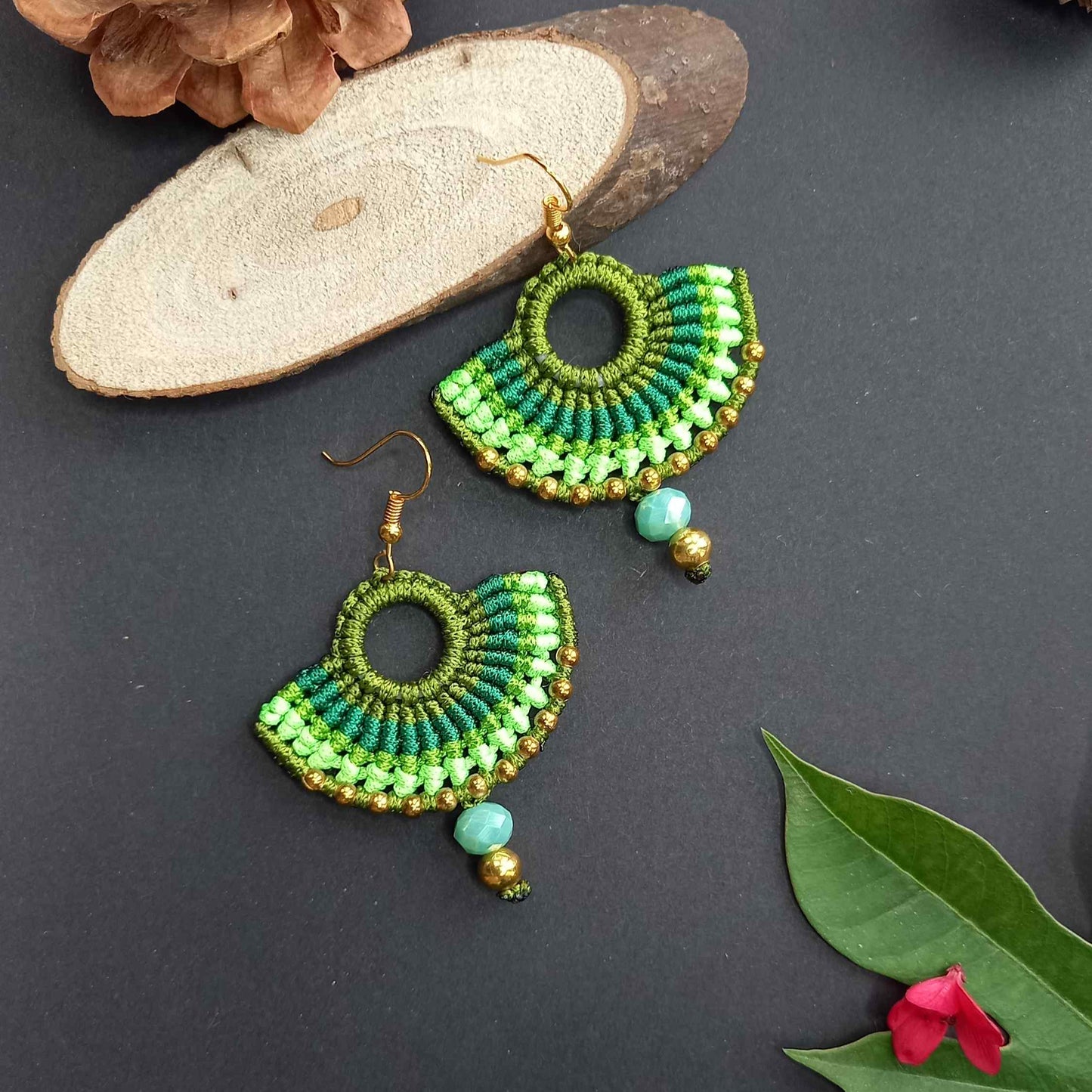 semi-circle macramé bead dangler earrings in different colours