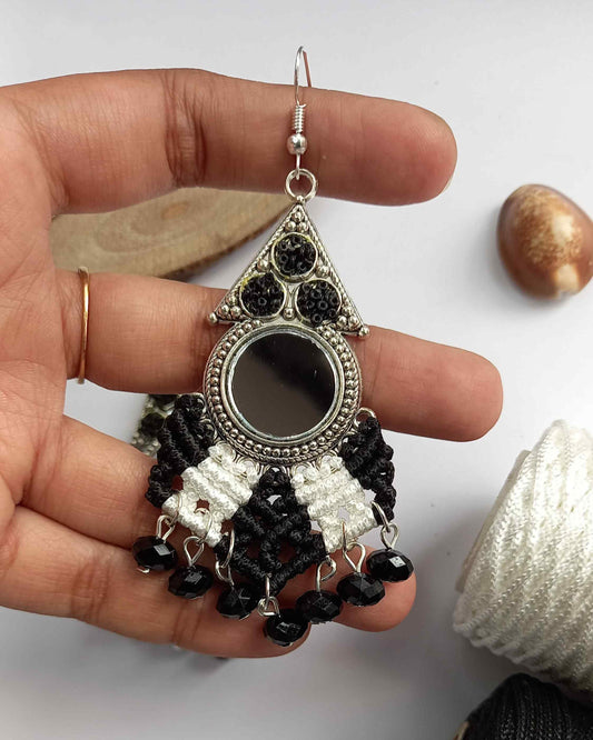 macrame mirror dangler bead earrings with seed beads