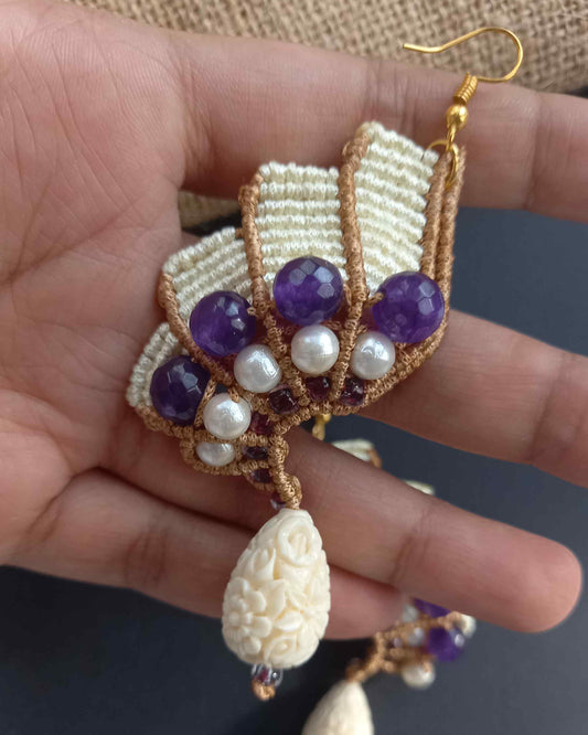 purple bead macrame earrings