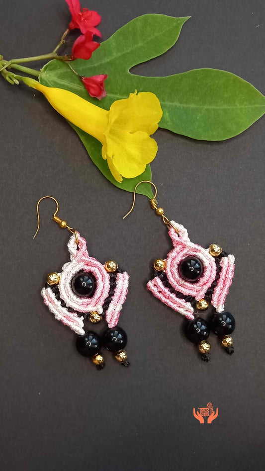 macrame bead earrings in pink and black