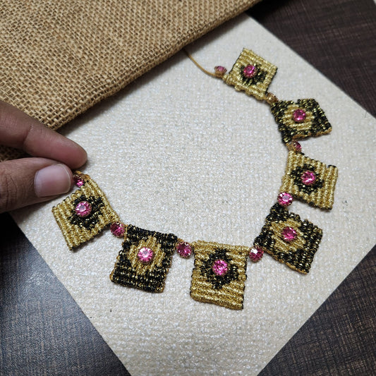 square motif necklace gold necklace macrame necklace cavandoli stone necklace ruby red stone threadwork jewellery Deepika