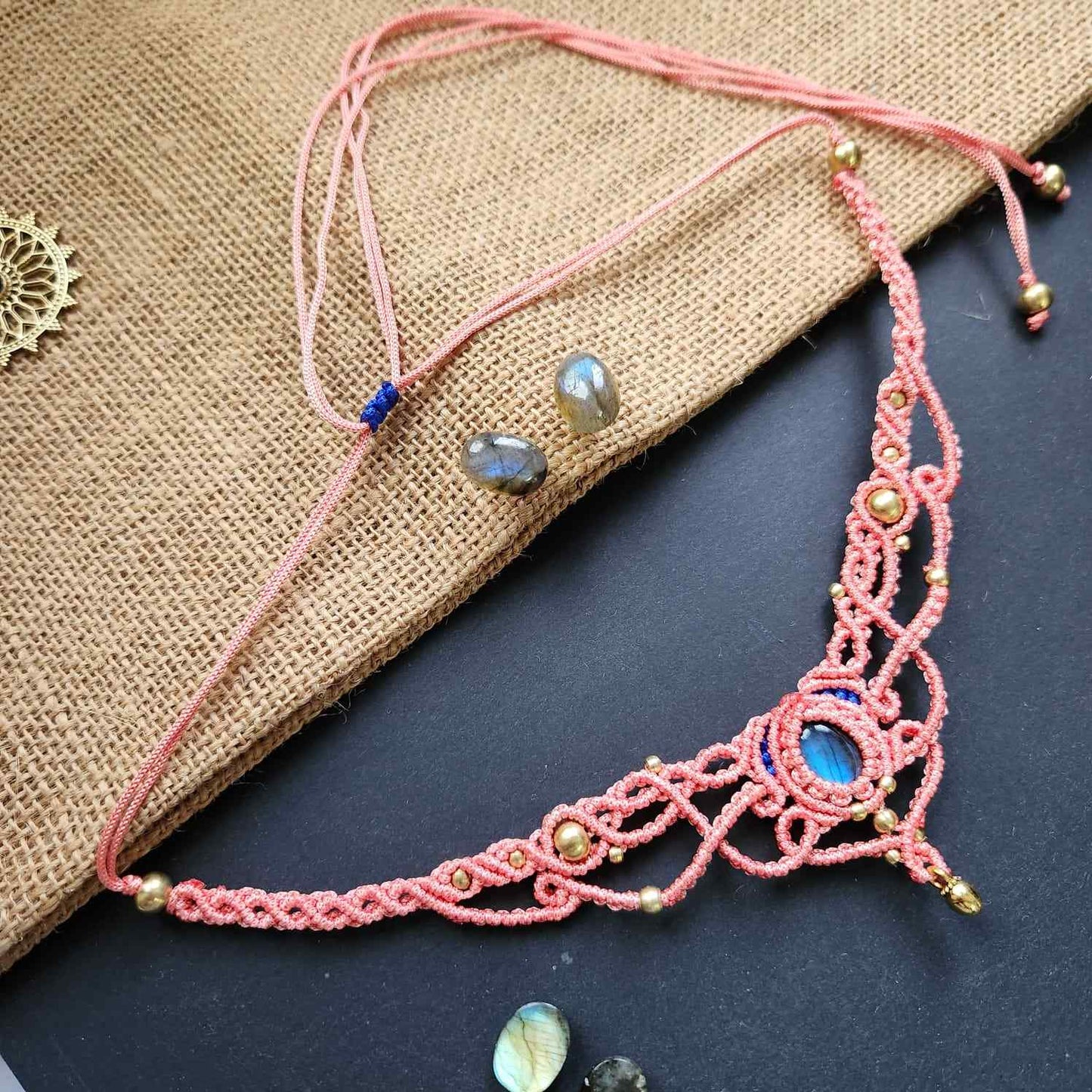 stone necklace small choker necklace macrame necklace labrodorite blue stone stud earrings stone earrings brass bead necklace