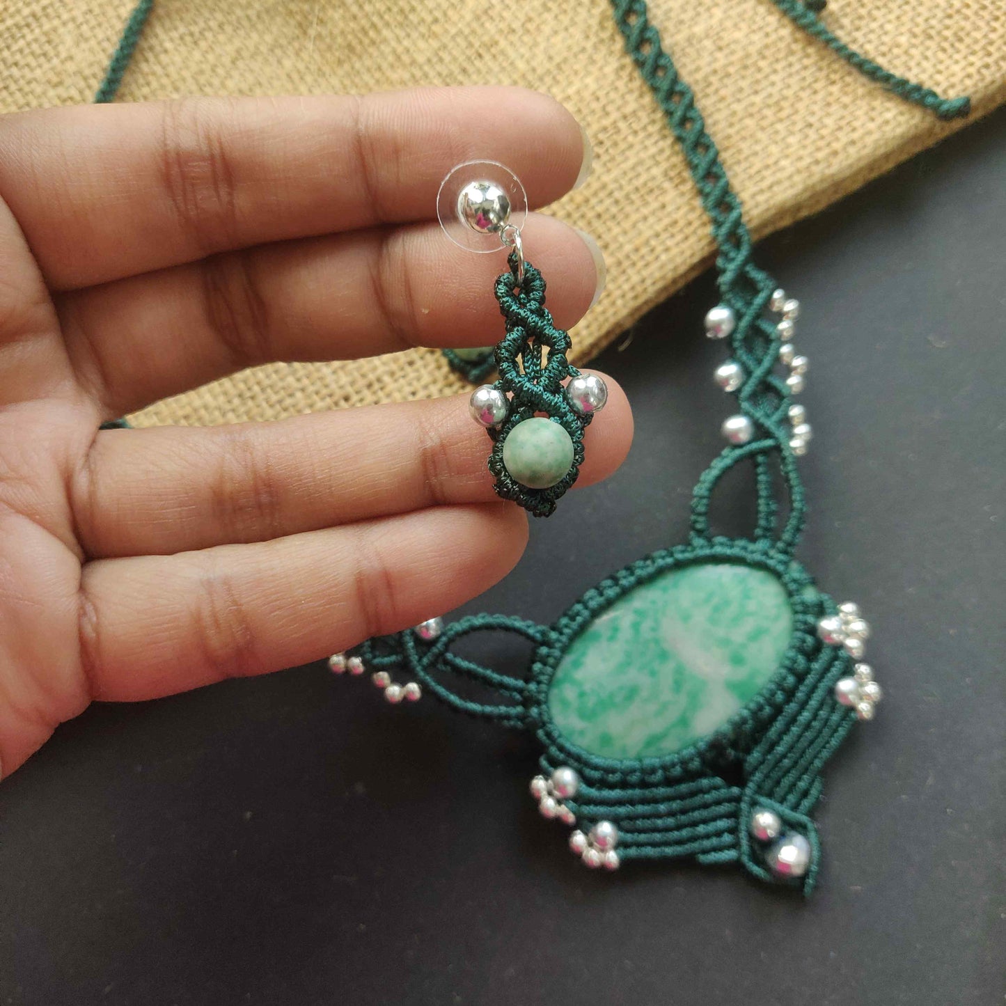 vesuvianite stone green stone necklace macrame necklace stud dangler earrings macrame earrings silver bead necklace earrings