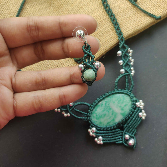 vesuvianite stone green stone necklace macrame necklace stud dangler earrings macrame earrings silver bead necklace earrings