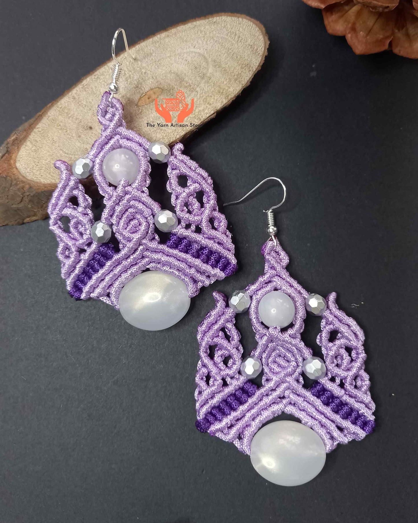 Macramé dangle earrings with black faceted focal beads
