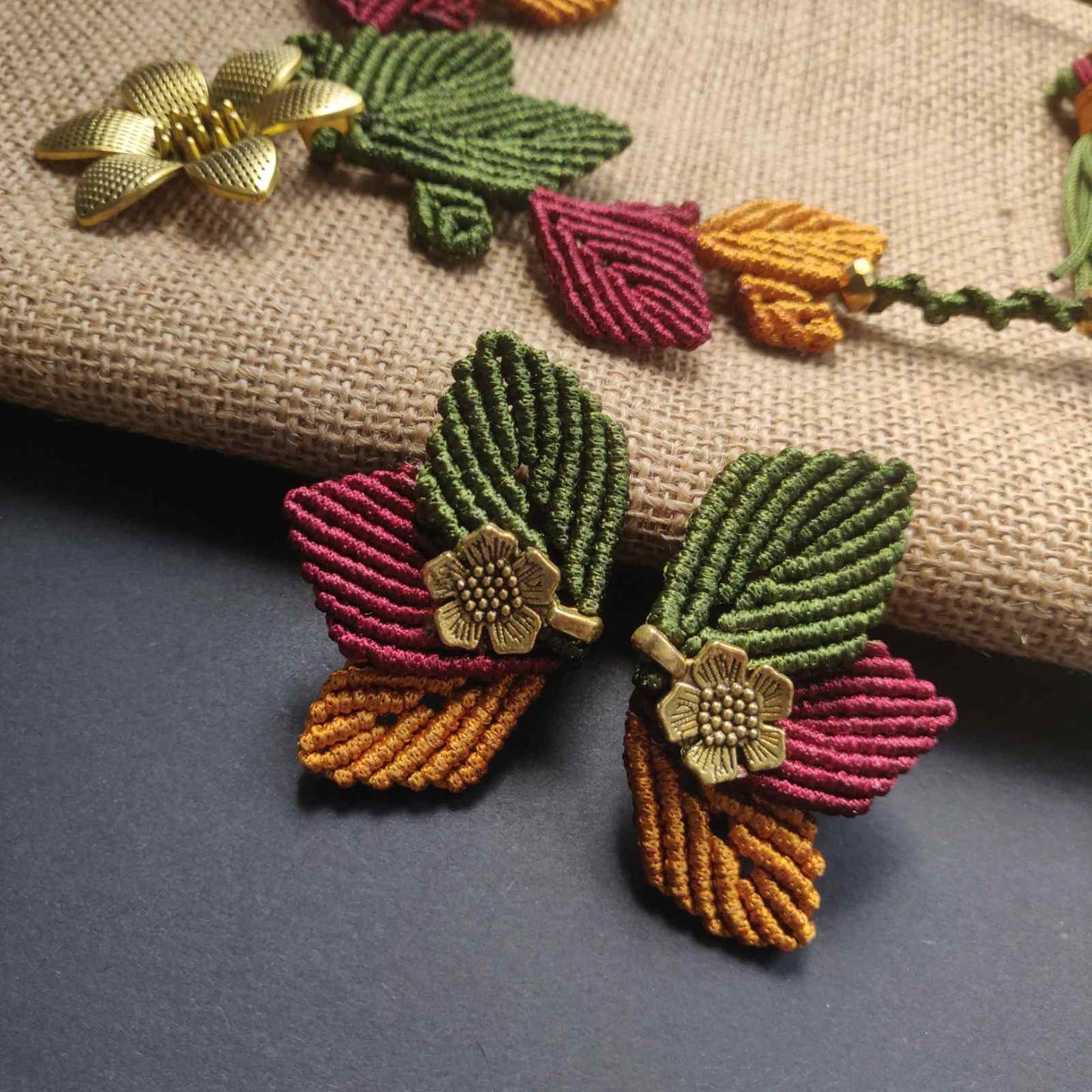 flower and leaves statement necklace and earrings set for women
