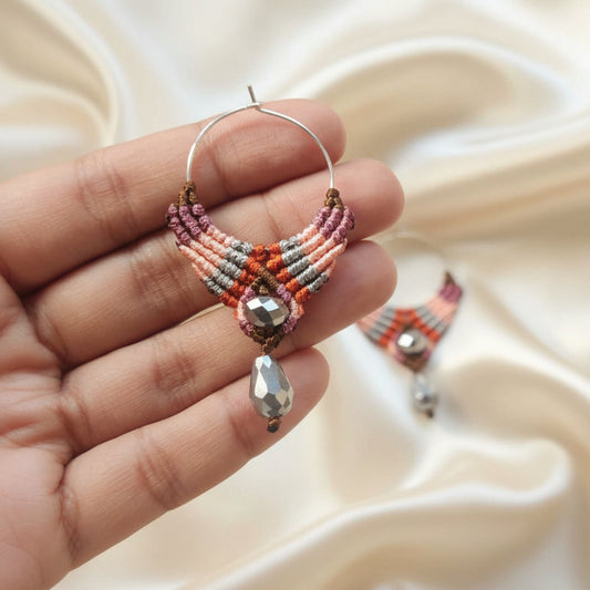 hoop earrings pink earrings hoop mauve earrings macrame earrings bead hoop earrings