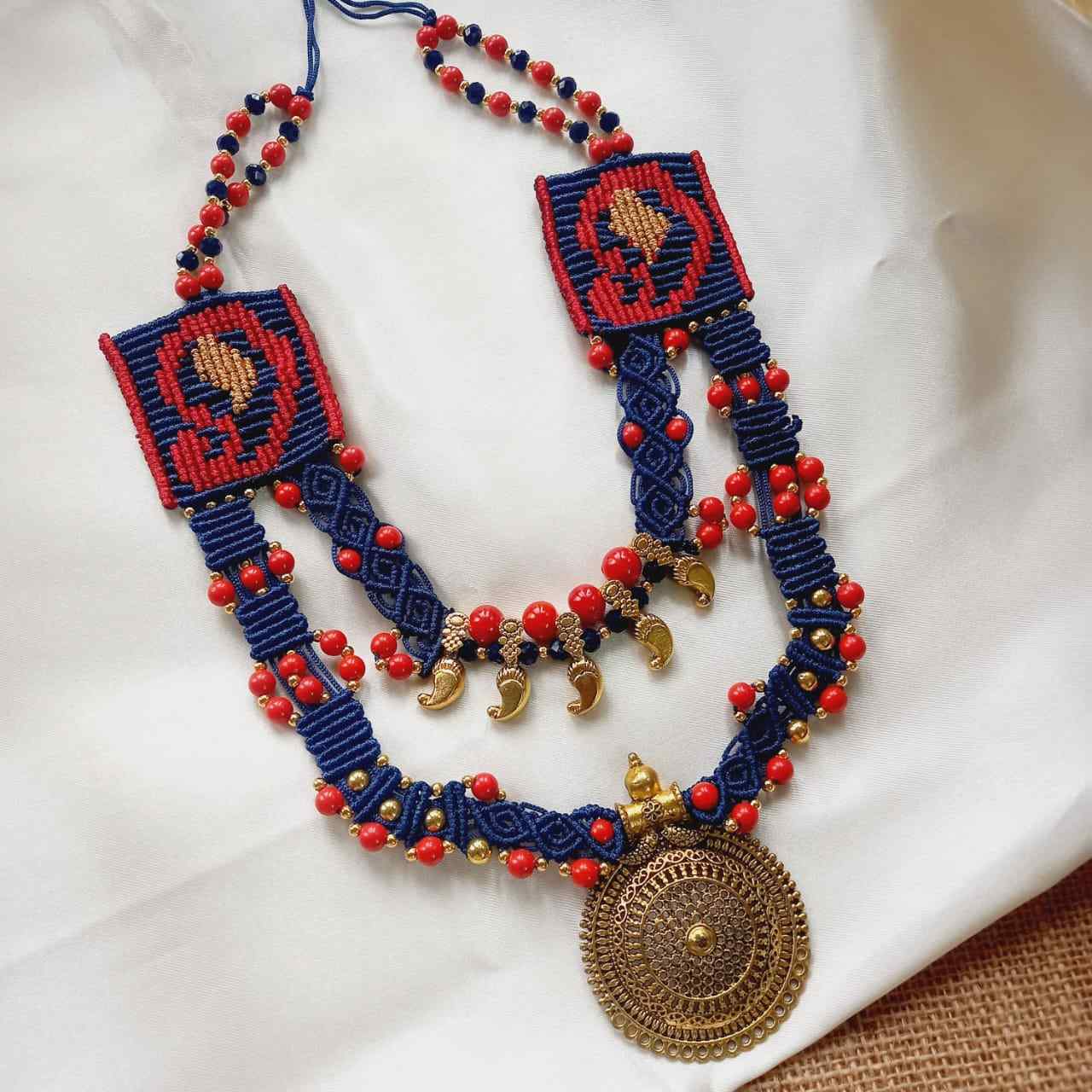 blue and red two layer bead necklace stud earrings set