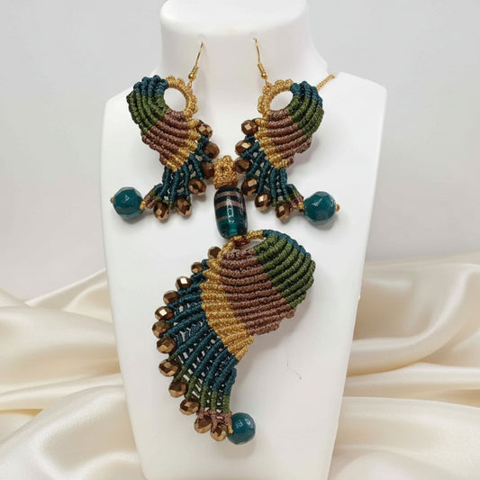 teal necklace peacock blue gold green asymmetric necklace bead earrings set graded necklace set