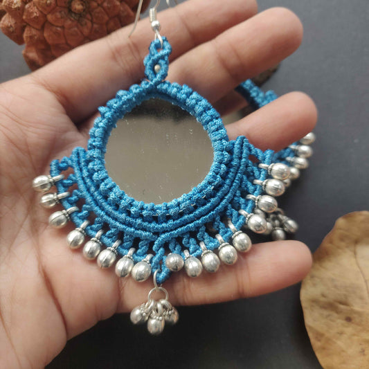 blue mirror earrings gunghroo earrings silver earrings macrame earrings