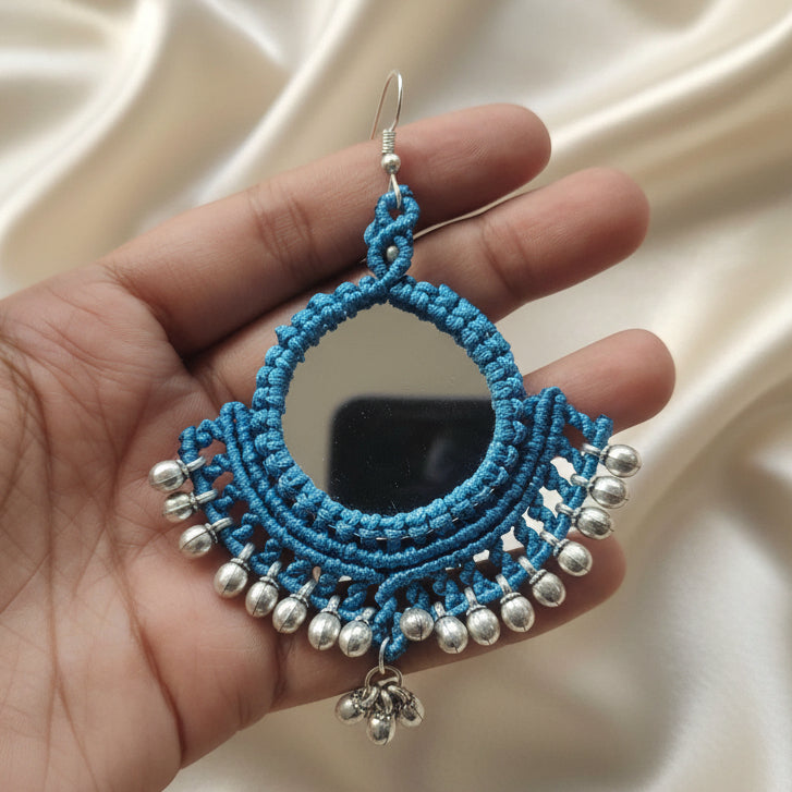 blue mirror earrings gunghroo earrings silver earrings macrame earrings
