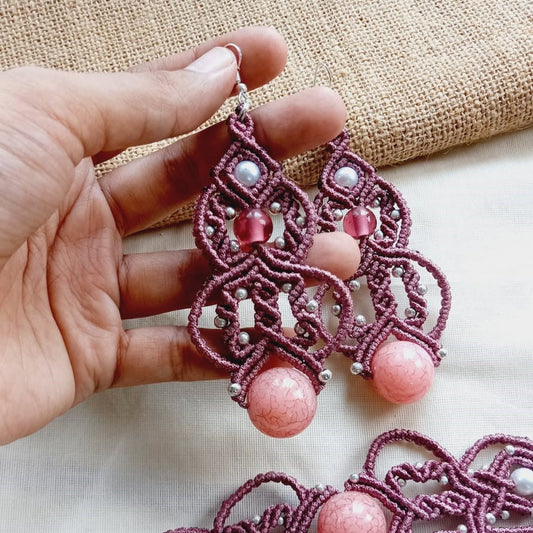 Macrame bead dangler earrings in onion pink with pink and pearl beads