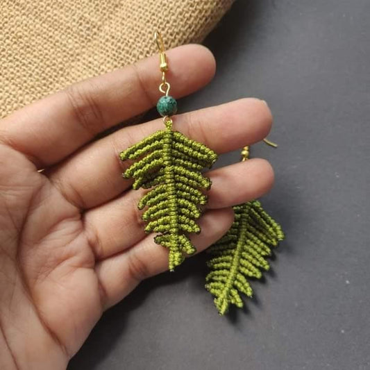 fern leaf macrame earrings palm leaf earrings green earrings dangler earrings bead earrings semiprecious stone earrings