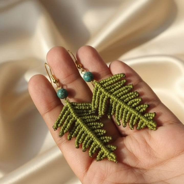 fern leaf macrame earrings palm leaf earrings green earrings dangler earrings bead earrings semiprecious stone earrings