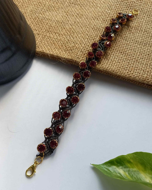 handmade macrame bracelet with ruby rhine stones