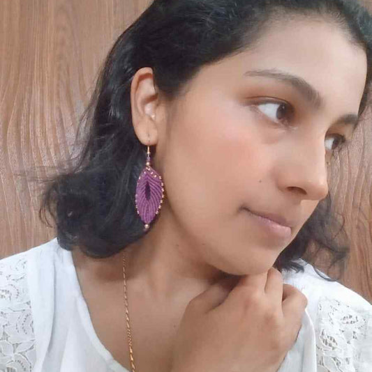 purple leaf earrings bead macrame earrings brass bead leaf earrings casual earrings