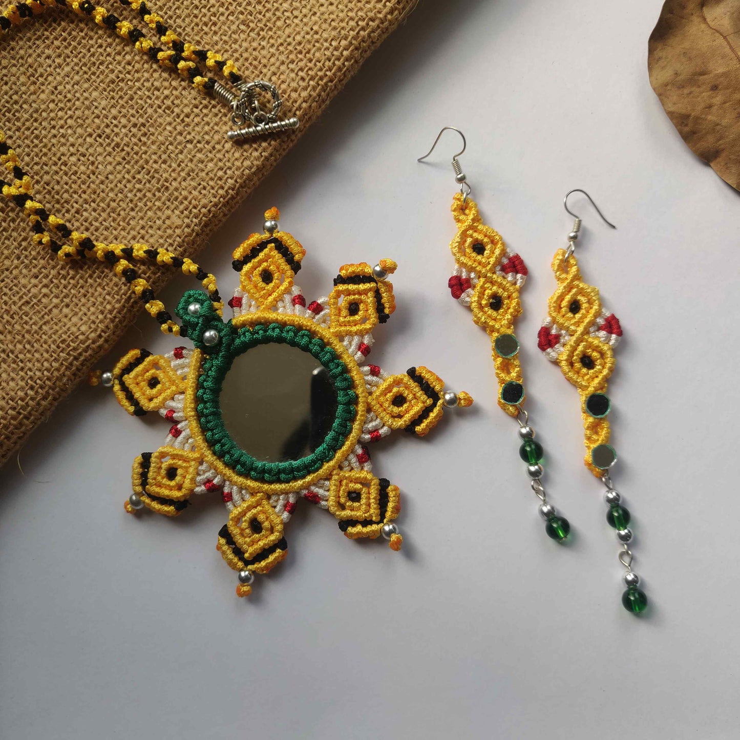 Macrame mirror work mandala necklace and earrings set in yellow and green