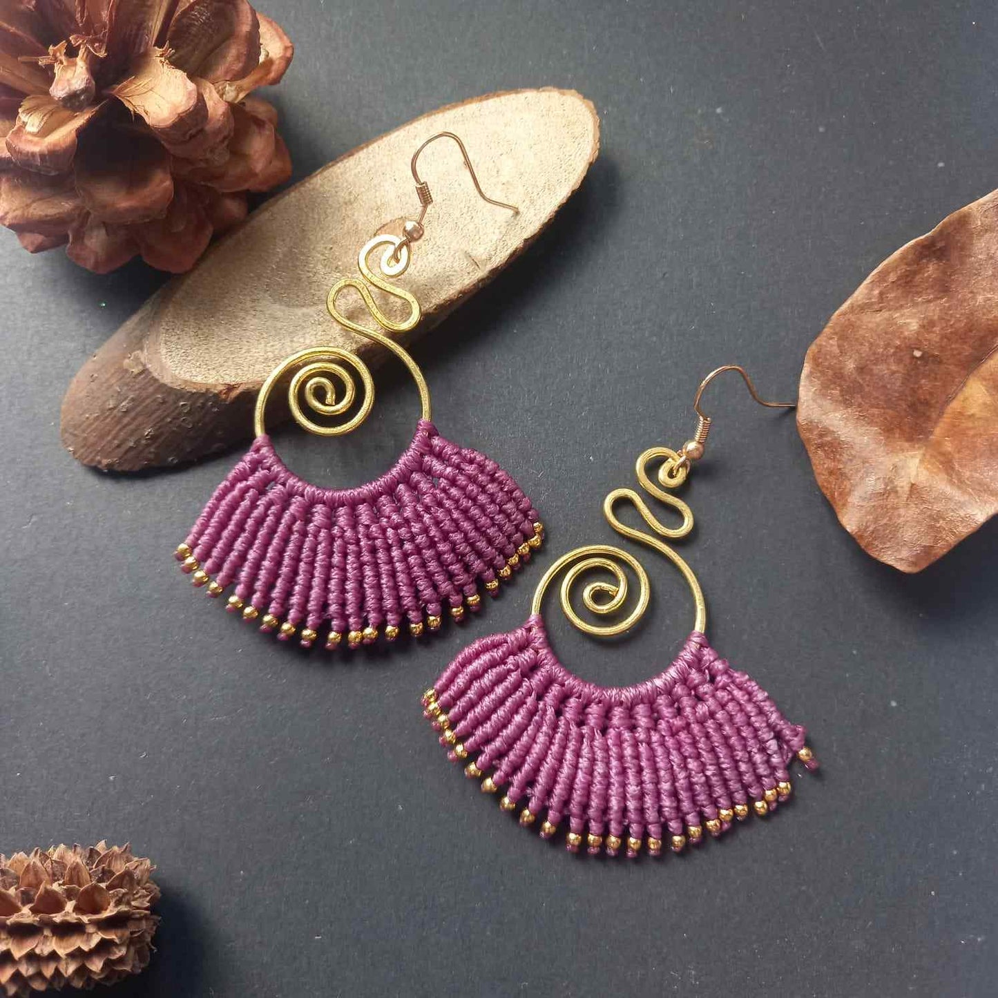 brass earrings macrame earrings purple earrings party wear earrings gold earrings