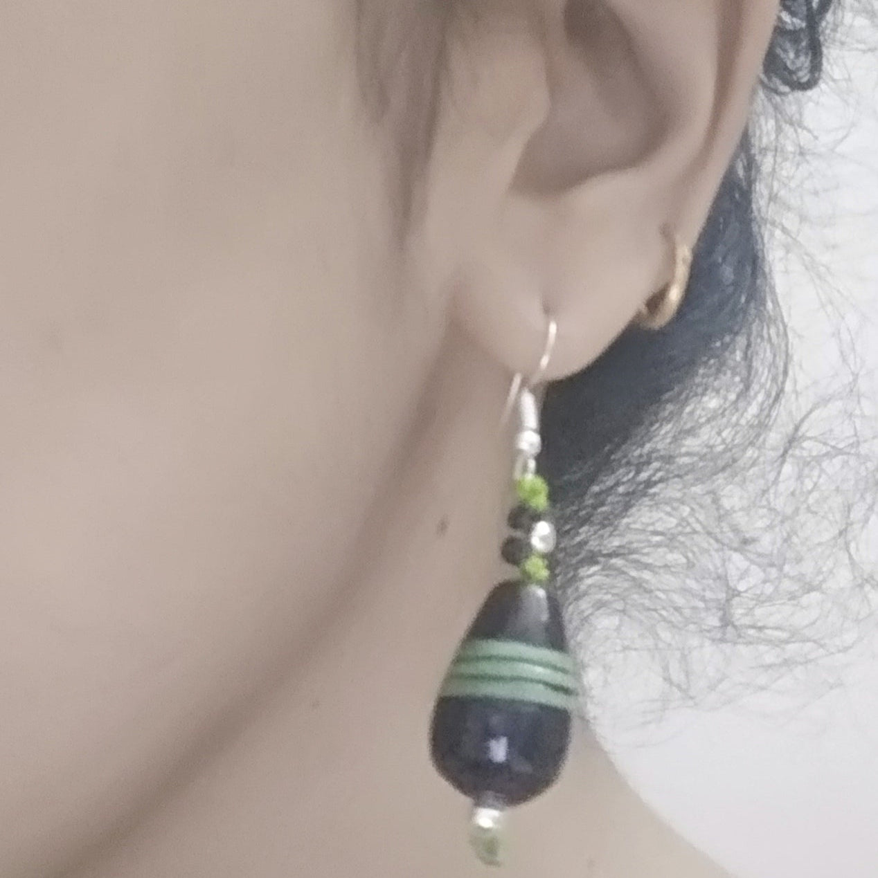 bead macrame necklace earrings set in dark brown and parrot green