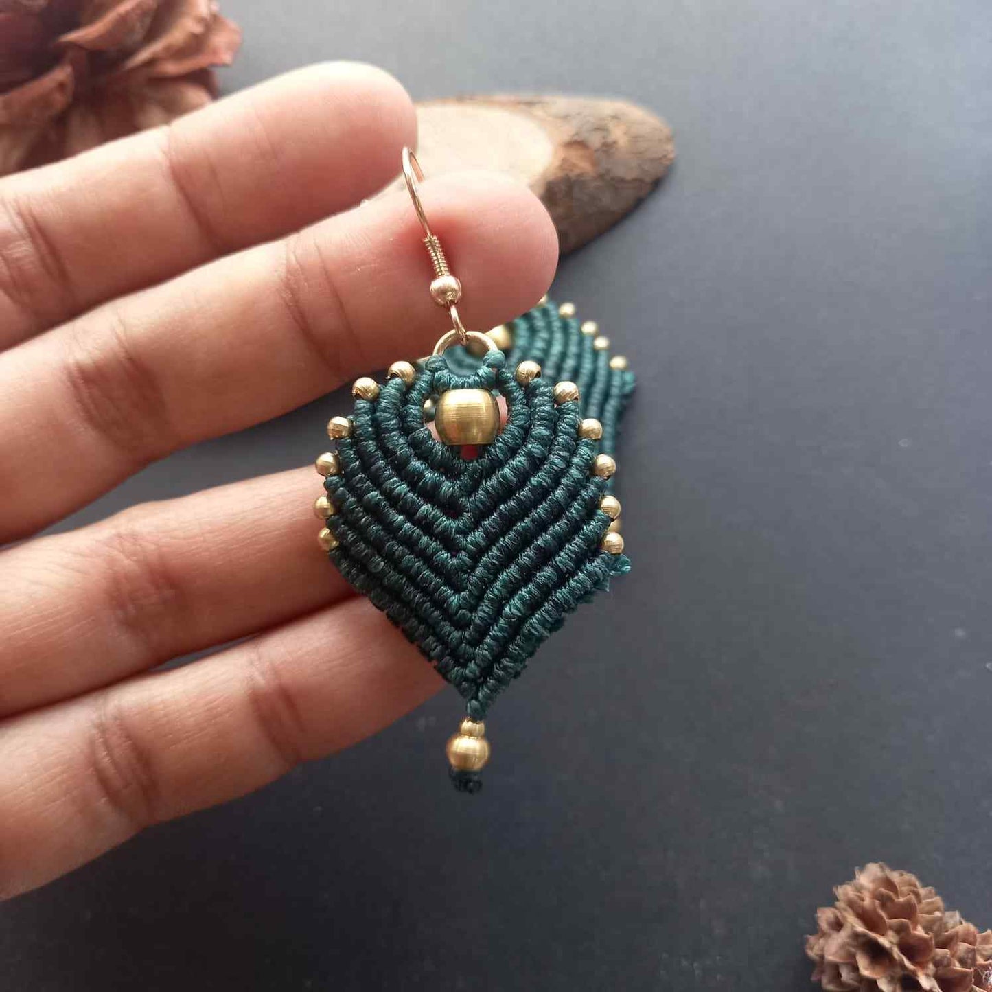 peacock feather earrings brass bead earrings leaf earrings dark green earrings