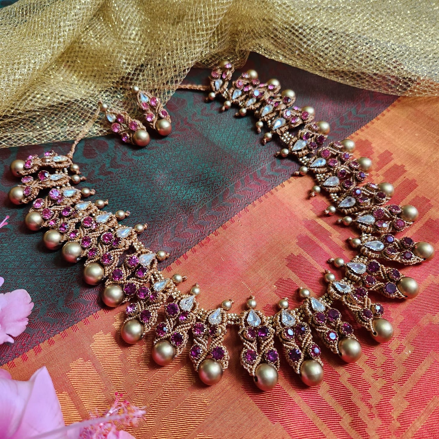 gold stone necklace traditional jewellery bridal haar necklace stud earrings wedding wear party necklace set