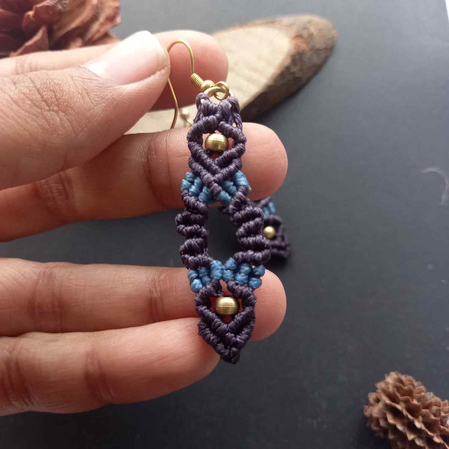 bead earrings macrame earrings zigzag design earrings dark blue earrings