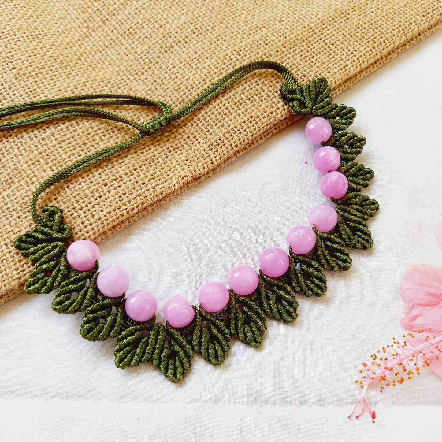 floral necklace rose bud necklace leaf necklace bead macrame necklace