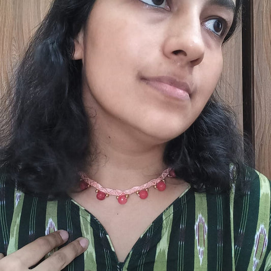 delicate beaded necklace with antique gold beads and pink agate beads