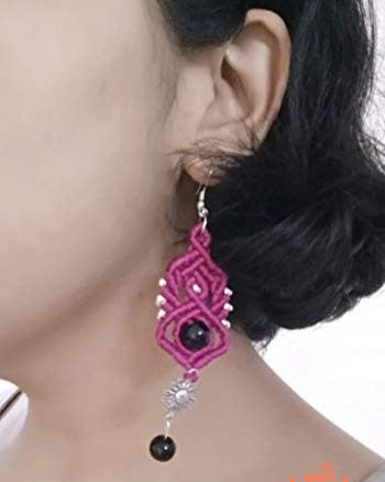 macrame statement dangler earrings with silver charms and beads